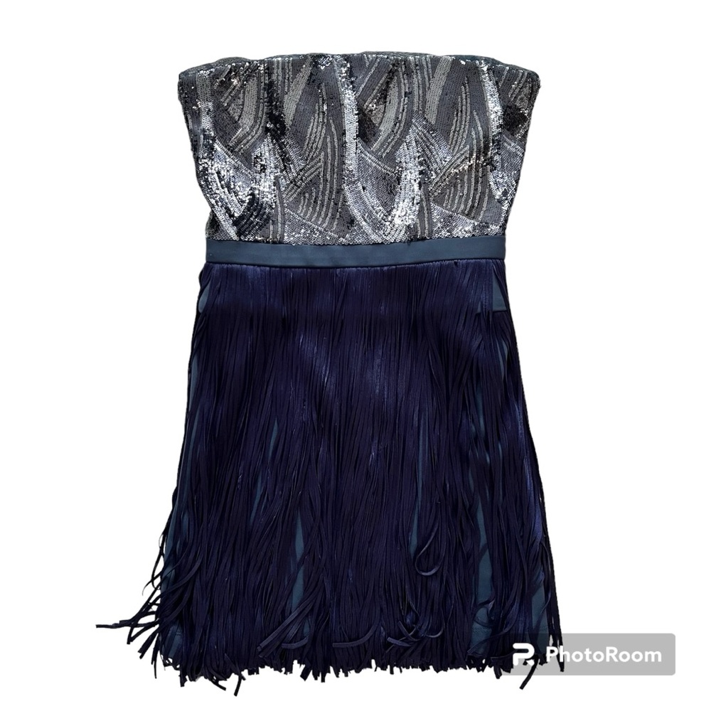 BCBGMaxAzria Navy Blue Fringed and Sequenced Strapless Bodycon Dress, Size 0
